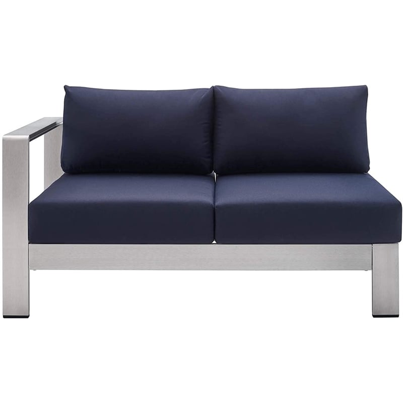 Modway Shore Fabric & Aluminum Outdoor Patio Left Arm Loveseat in Silver & Navy