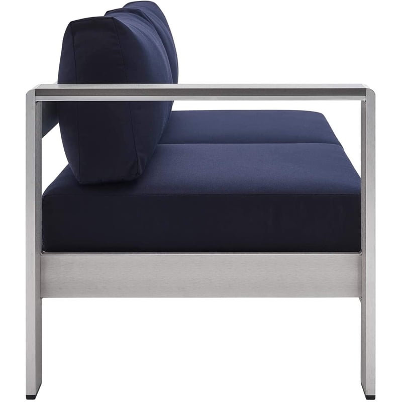 Modway Shore Fabric & Aluminum Outdoor Patio Left Arm Loveseat in Silver & Navy