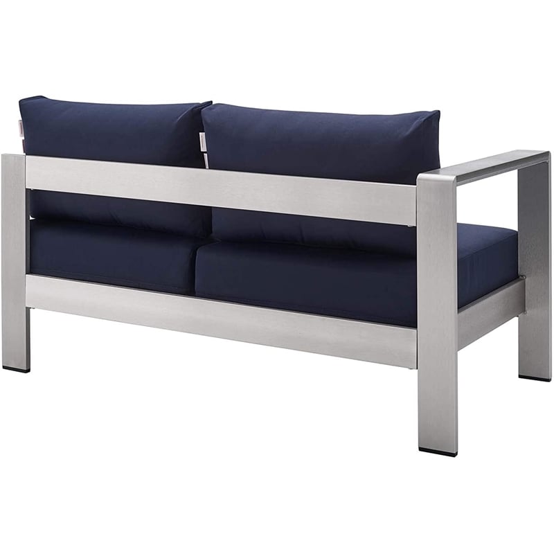 Modway Shore Fabric & Aluminum Outdoor Patio Left Arm Loveseat in Silver & Navy
