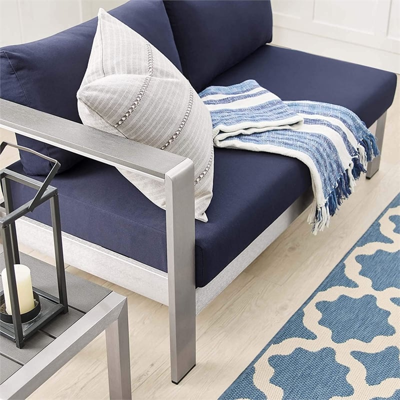Modway Shore Fabric & Aluminum Outdoor Patio Left Arm Loveseat in Silver & Navy