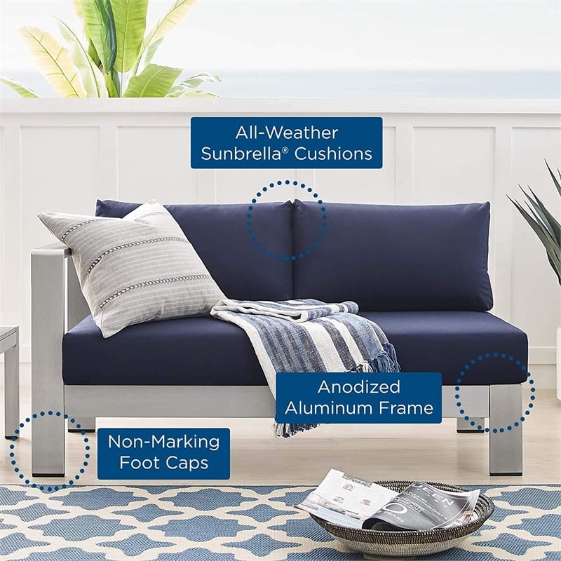 Modway Shore Fabric & Aluminum Outdoor Patio Left Arm Loveseat in Silver & Navy