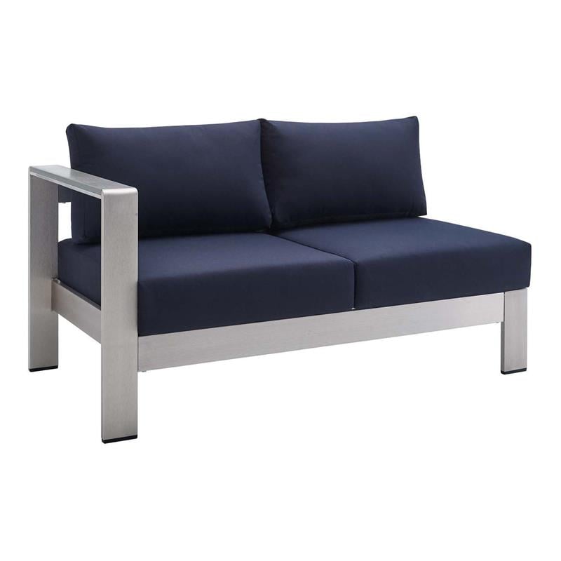 Modway Shore Fabric & Aluminum Outdoor Patio Left Arm Loveseat in Silver & Navy