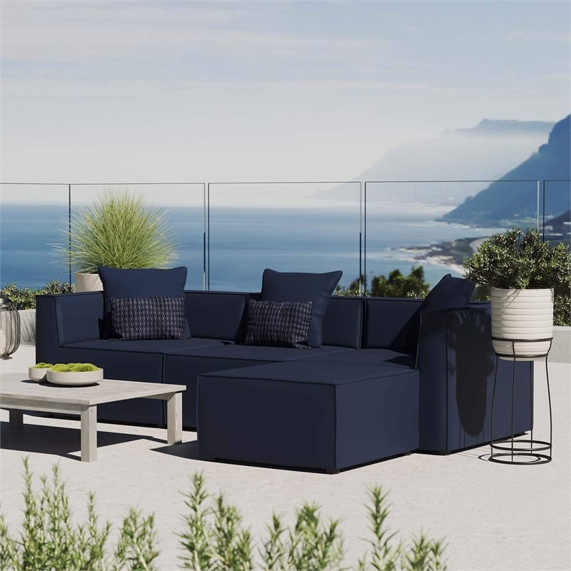 Modway Saybrook 4-Piece Fabric Upholstered Outdoor Patio Sectional Sofa in Navy