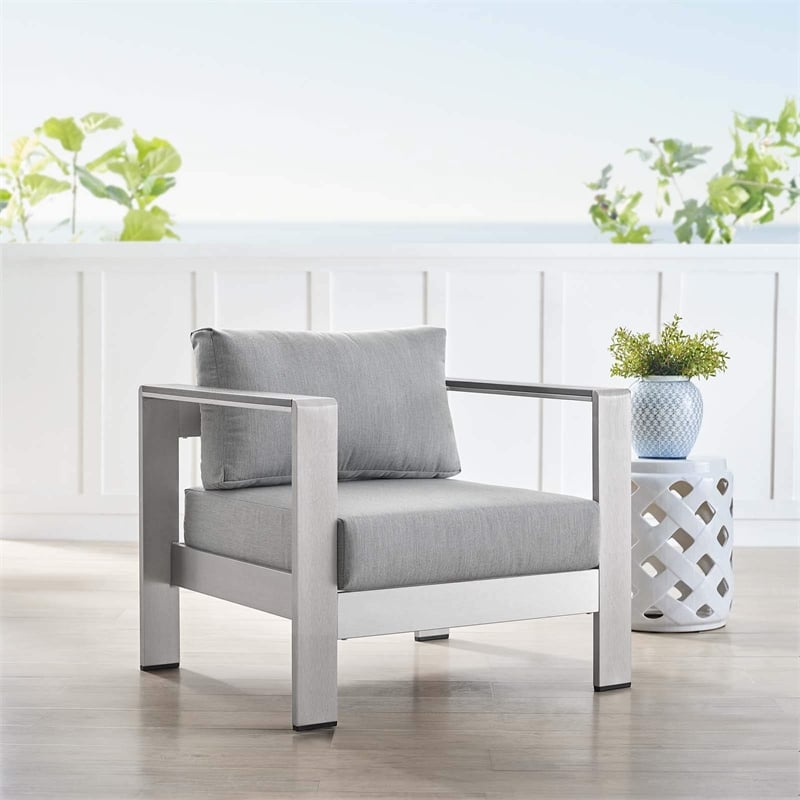 Modway Shore Fabric Aluminum Outdoor Patio Armchair in Silver Gray