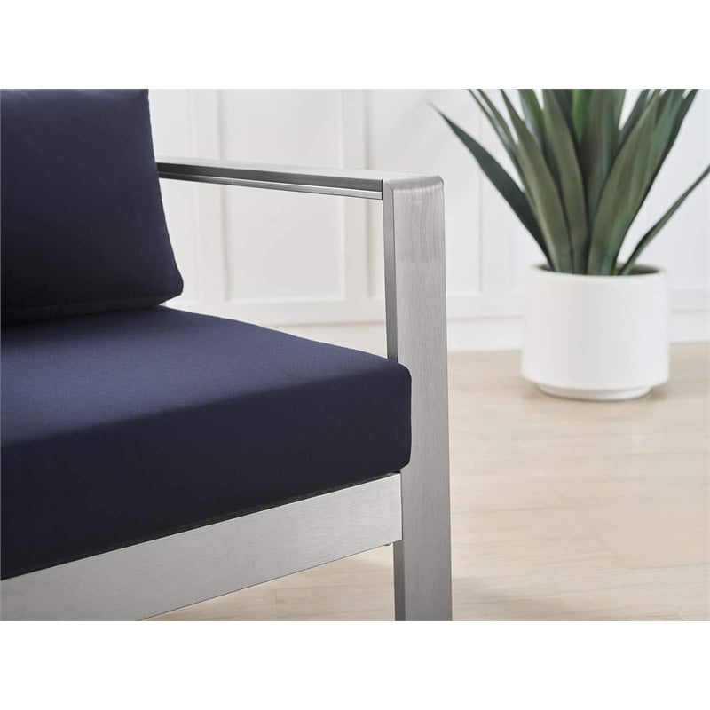 Modway Shore Fabric Aluminum Outdoor Patio Armchair in Silver Navy