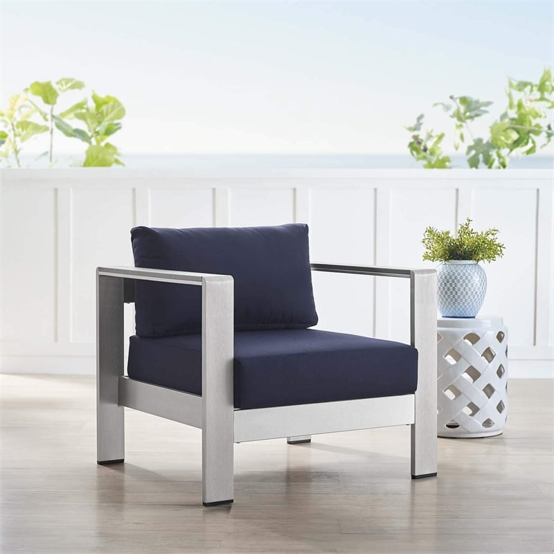 Modway Shore Fabric Aluminum Outdoor Patio Armchair in Silver Navy