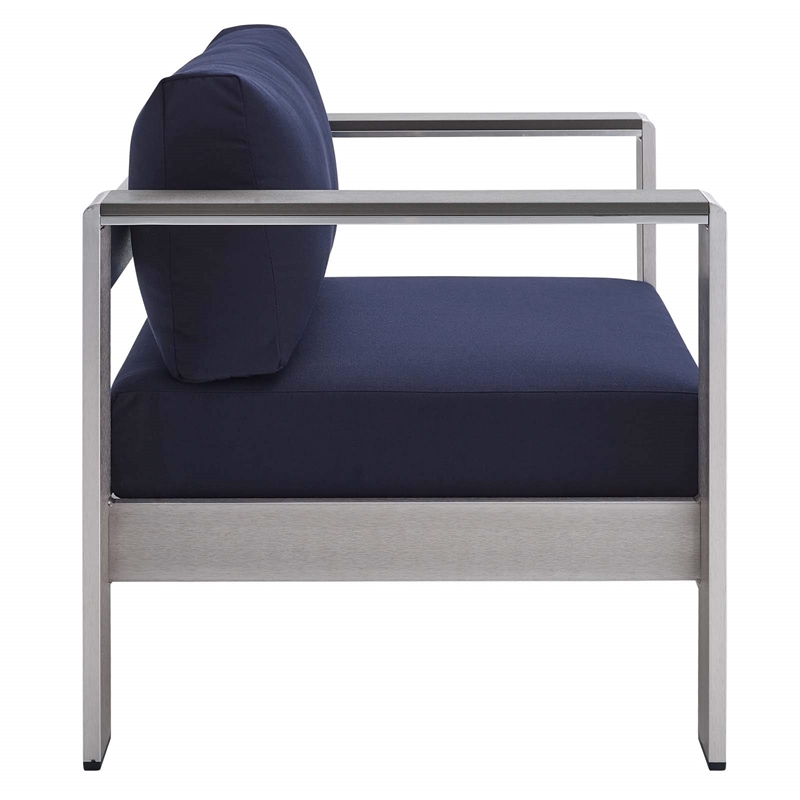 Modway Shore Fabric Aluminum Outdoor Patio Armchair in Silver Navy