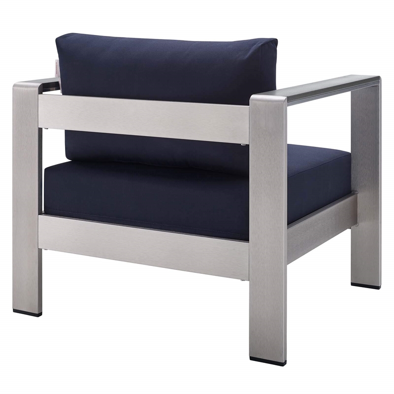 Modway Shore Fabric Aluminum Outdoor Patio Armchair in Silver Navy