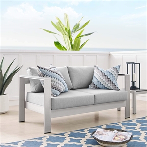 Modway Shore Fabric & Aluminum Outdoor Patio Loveseat in Silver & Gray