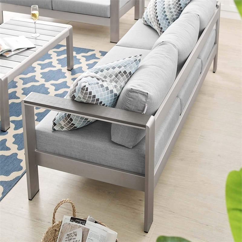 Modway Shore Fabric & Aluminum Outdoor Patio Sofa in Silver & Gray