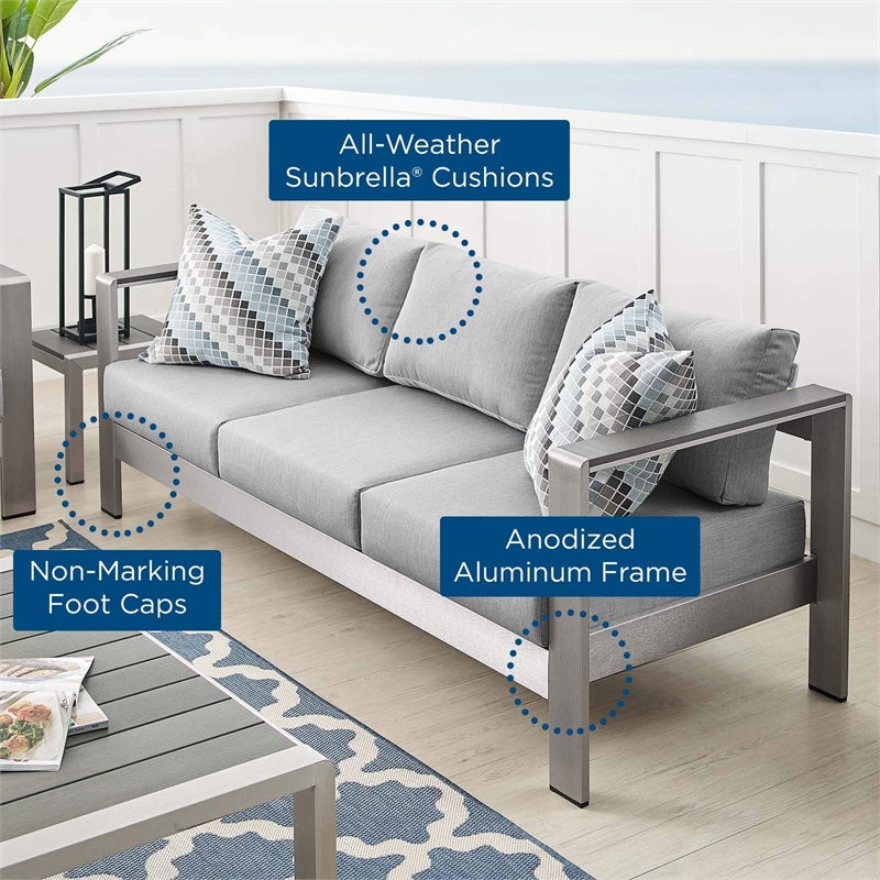 Modway Shore Fabric & Aluminum Outdoor Patio Sofa in Silver & Gray
