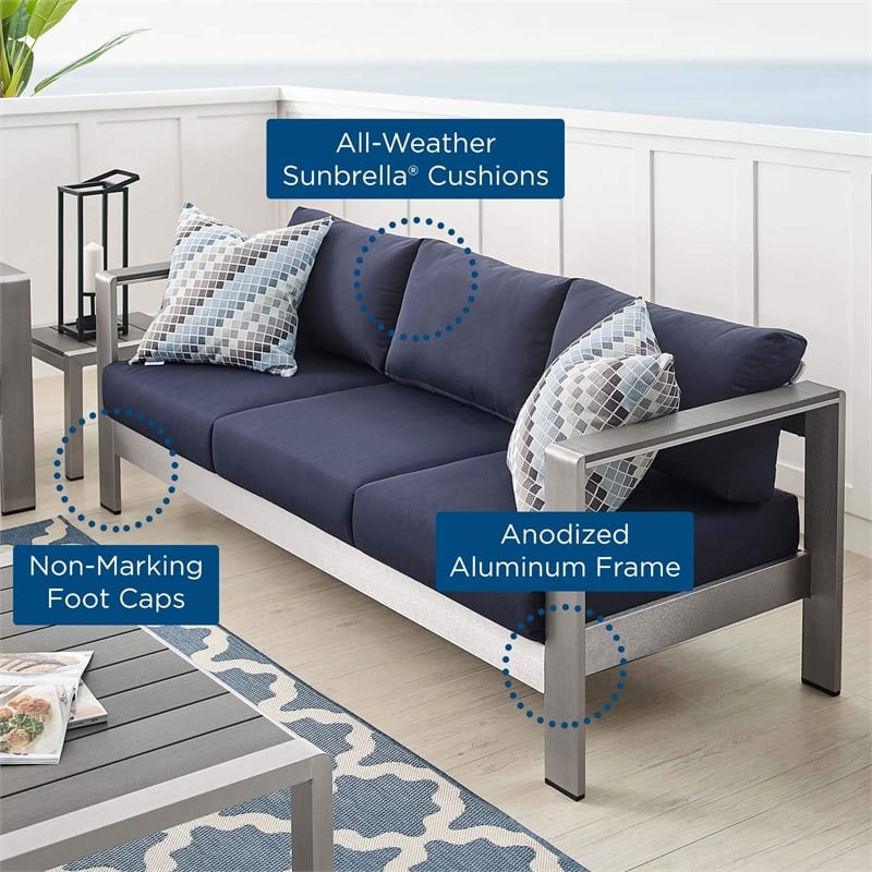 Modway Shore Fabric & Aluminum Outdoor Patio Sofa in Silver & Navy