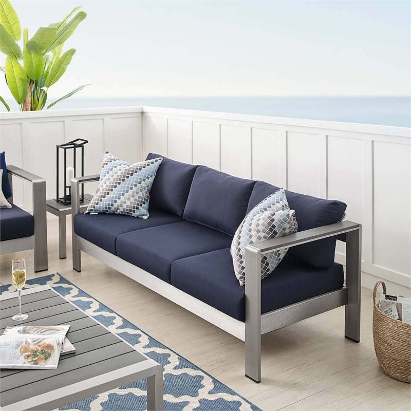 Modway Shore Fabric & Aluminum Outdoor Patio Sofa in Silver & Navy