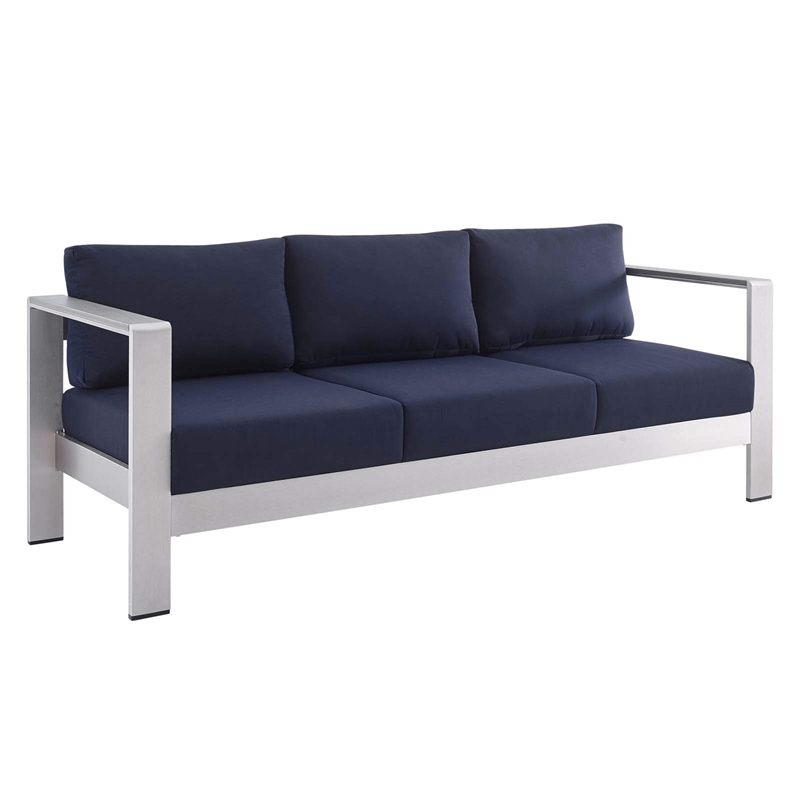 Modway Shore Fabric & Aluminum Outdoor Patio Sofa in Silver & Navy