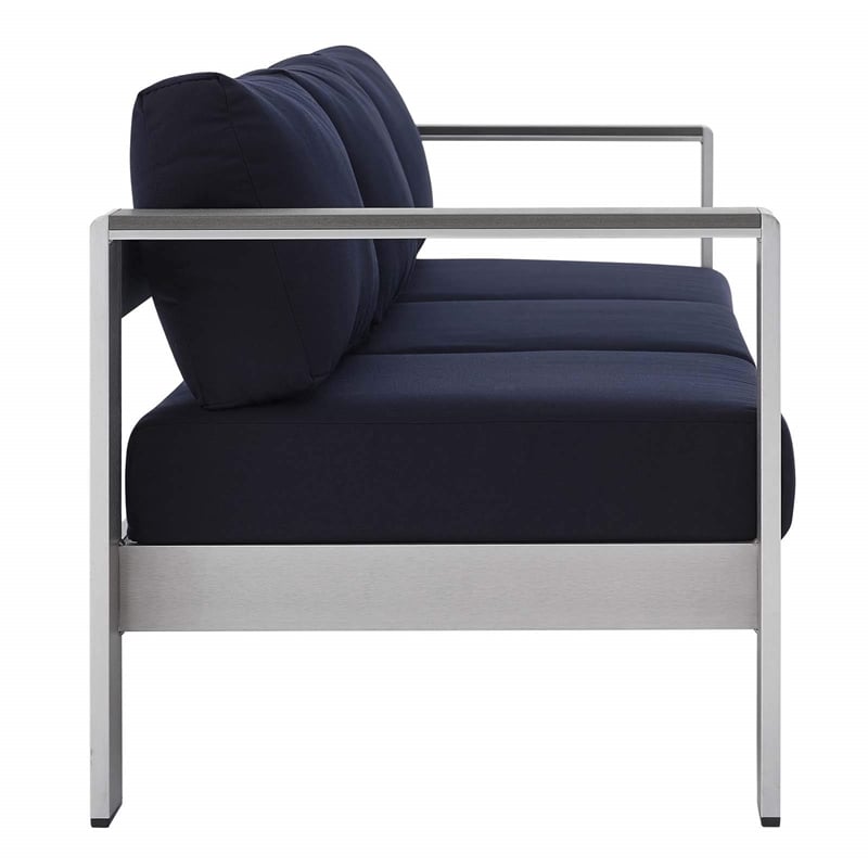Modway Shore Fabric & Aluminum Outdoor Patio Sofa in Silver & Navy