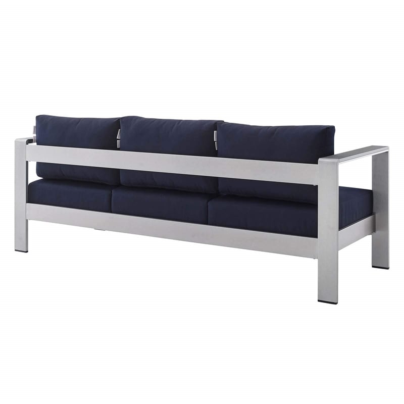Modway Shore Fabric & Aluminum Outdoor Patio Sofa in Silver & Navy