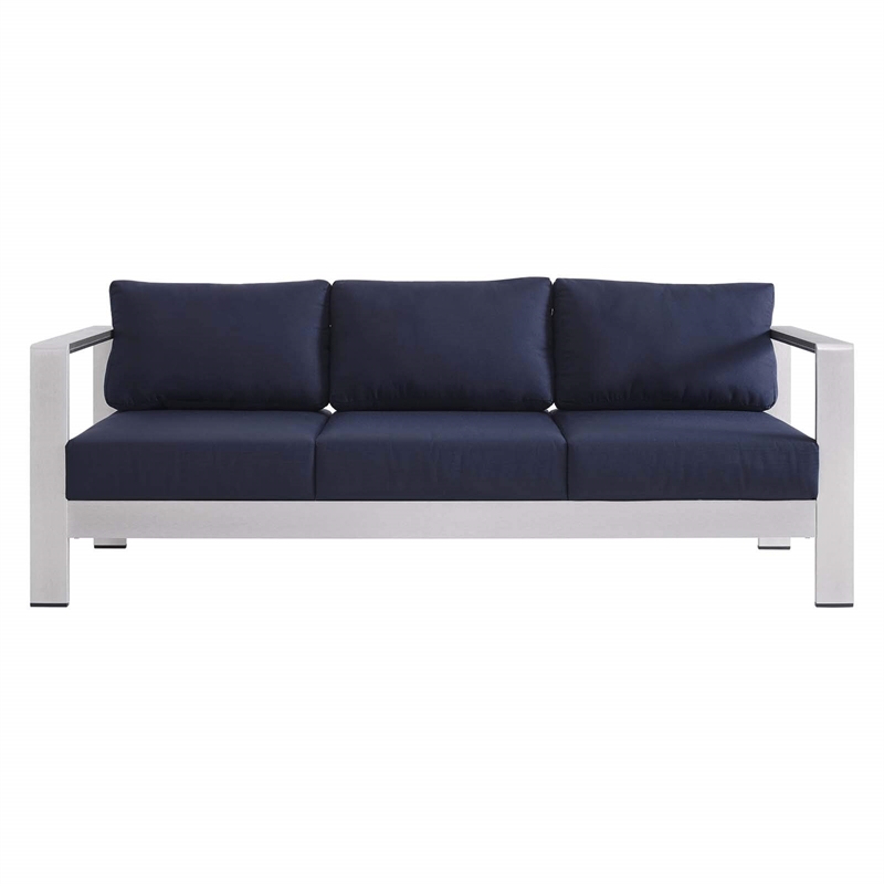 Modway Shore Fabric & Aluminum Outdoor Patio Sofa in Silver & Navy