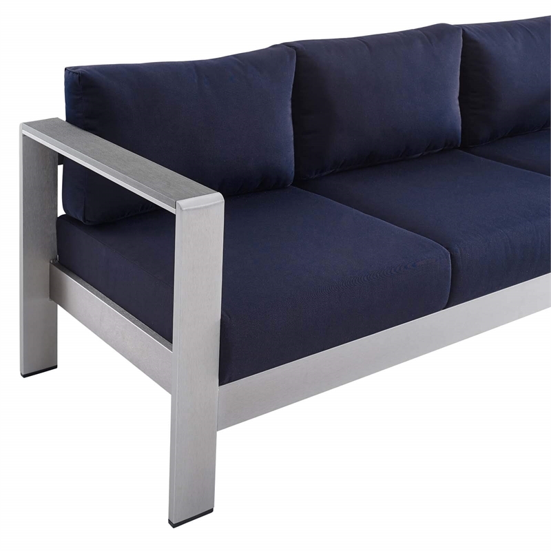 Modway Shore Fabric & Aluminum Outdoor Patio Sofa in Silver & Navy