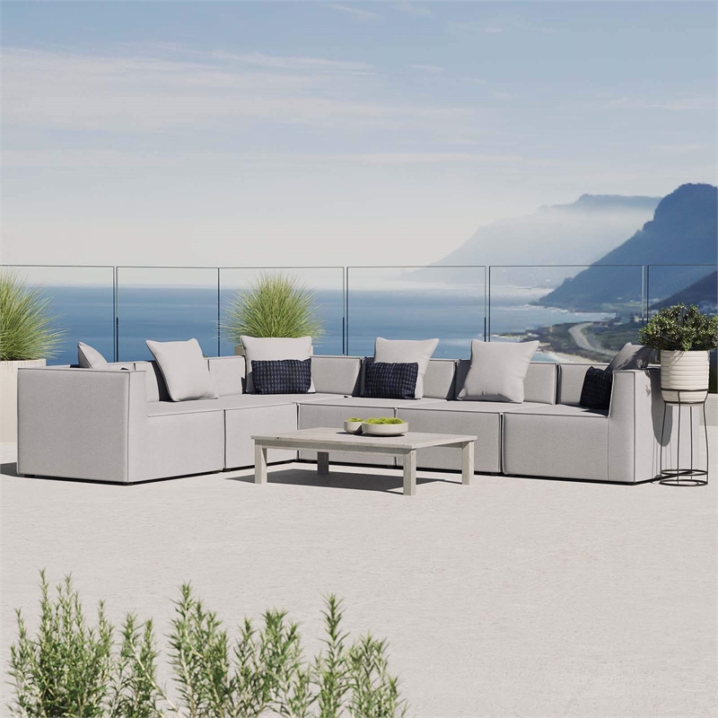 Modway Saybrook 6-Piece Modern Fabric Outdoor Patio Sectional Sofa in Gray