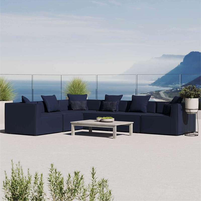 Modway Saybrook 6-Piece Modern Fabric Outdoor Patio Sectional Sofa in Navy