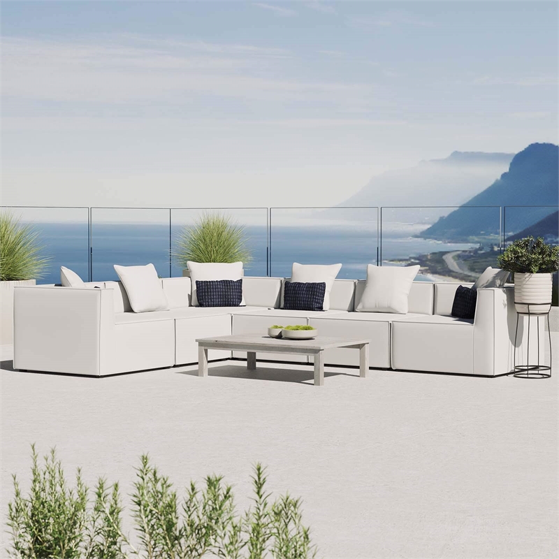 Modway Saybrook 6-Piece Modern Fabric Outdoor Patio Sectional Sofa in White