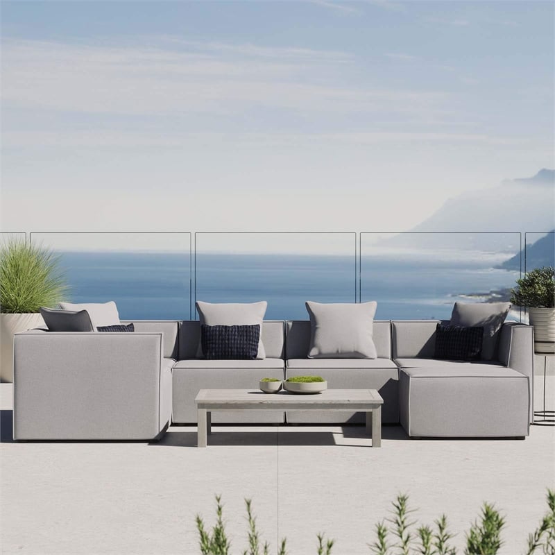 Modway Saybrook 6-Piece Fabric Upholstered Outdoor Patio Sectional Sofa in Gray