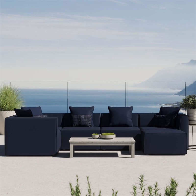 Modway Saybrook 6-Piece Fabric Upholstered Outdoor Patio Sectional Sofa in Navy