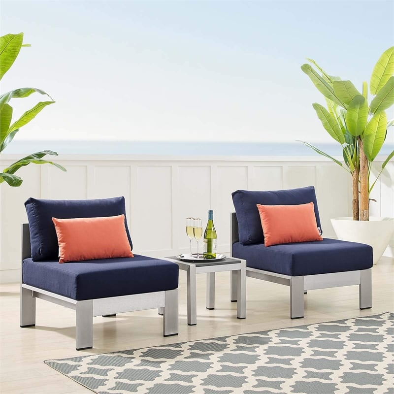 Modway Shore 3-Piece Fabric & Aluminum Outdoor Patio Set in Silver/Navy