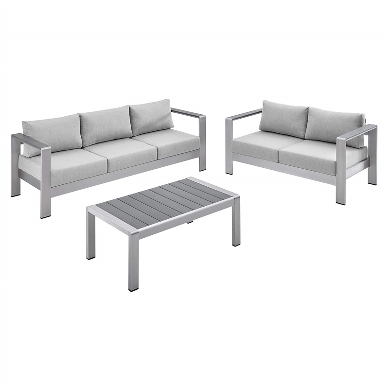 Modway Shore 3-Piece Aluminum & Fabric Outdoor Patio Set in Silver/Gray