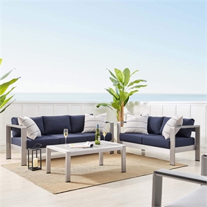 Modway Shore 3-Piece Aluminum & Fabric Outdoor Patio Set in Silver/Navy