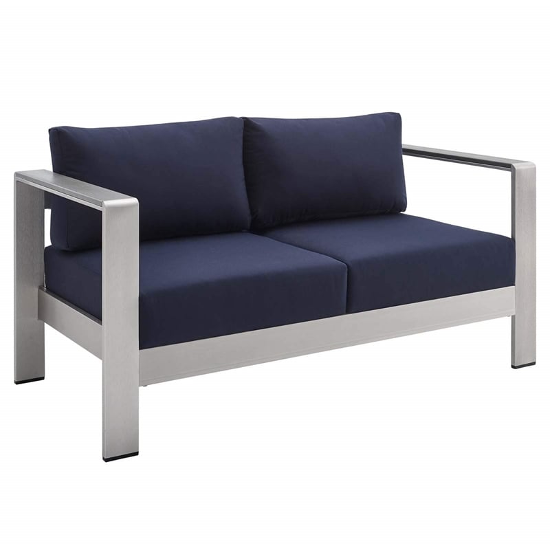 Modway Shore 3-Piece Aluminum & Fabric Outdoor Patio Set in Silver/Navy
