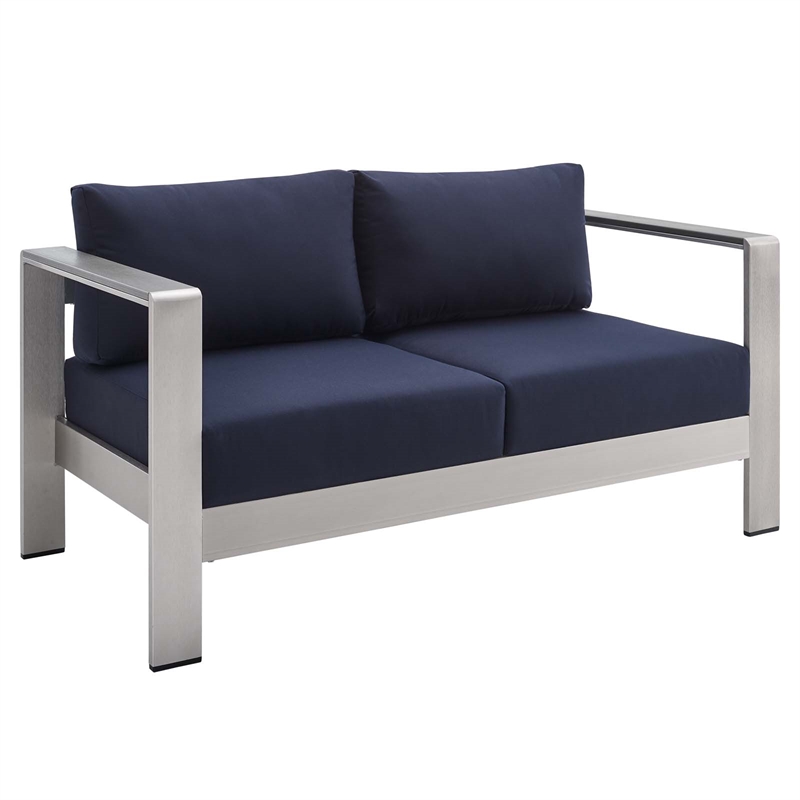 Modway Shore 4-Piece Fabric & Aluminum Outdoor Patio Set in Silver/Navy