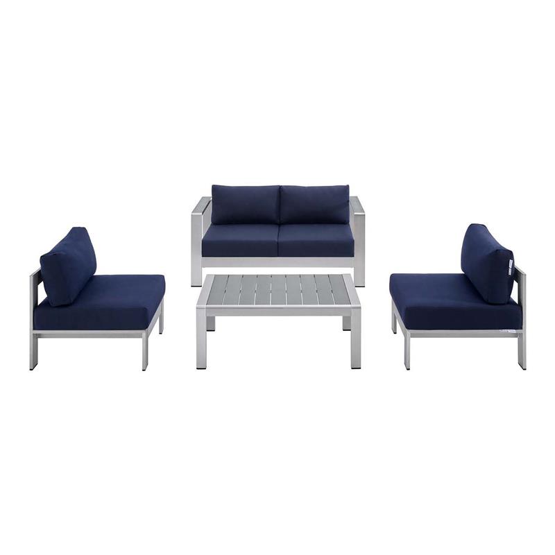 Modway Shore 4-Piece Fabric & Aluminum Outdoor Patio Set in Silver/Navy