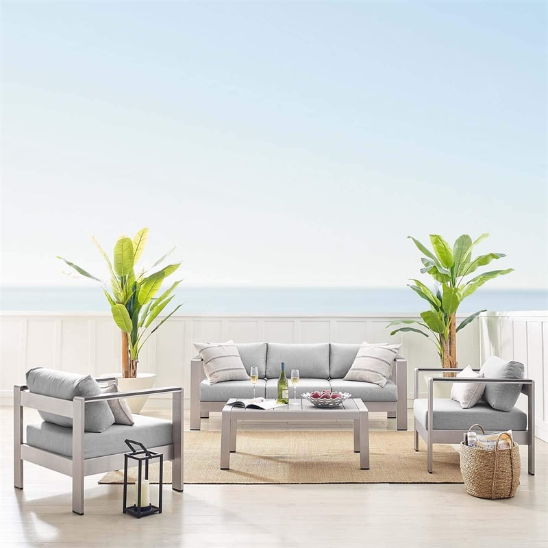 Modway Shore 4-Piece Aluminum & Fabric Outdoor Patio Set in Silver/Gray