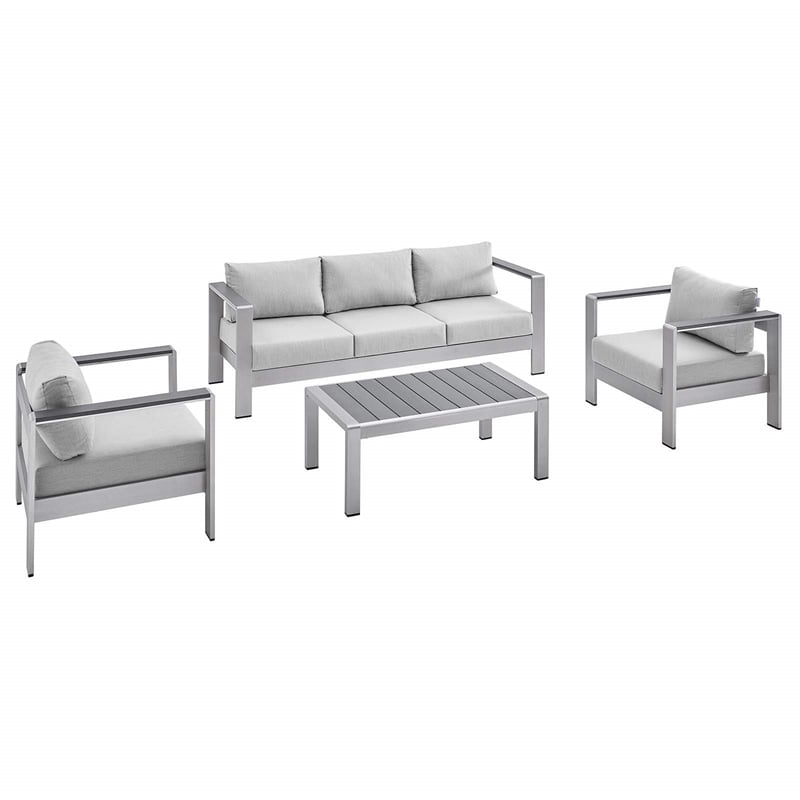 Modway Shore 4-Piece Aluminum & Fabric Outdoor Patio Set in Silver/Gray