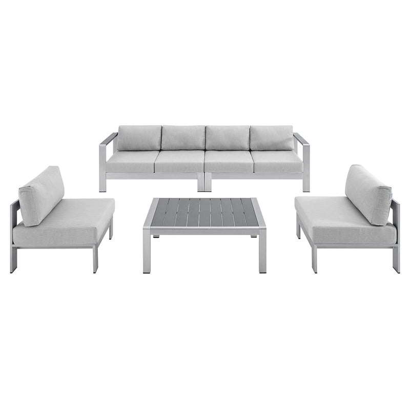 Modway Shore 5-Piece Fabric & Aluminum Outdoor Patio Sofa Set in Silver/Gray