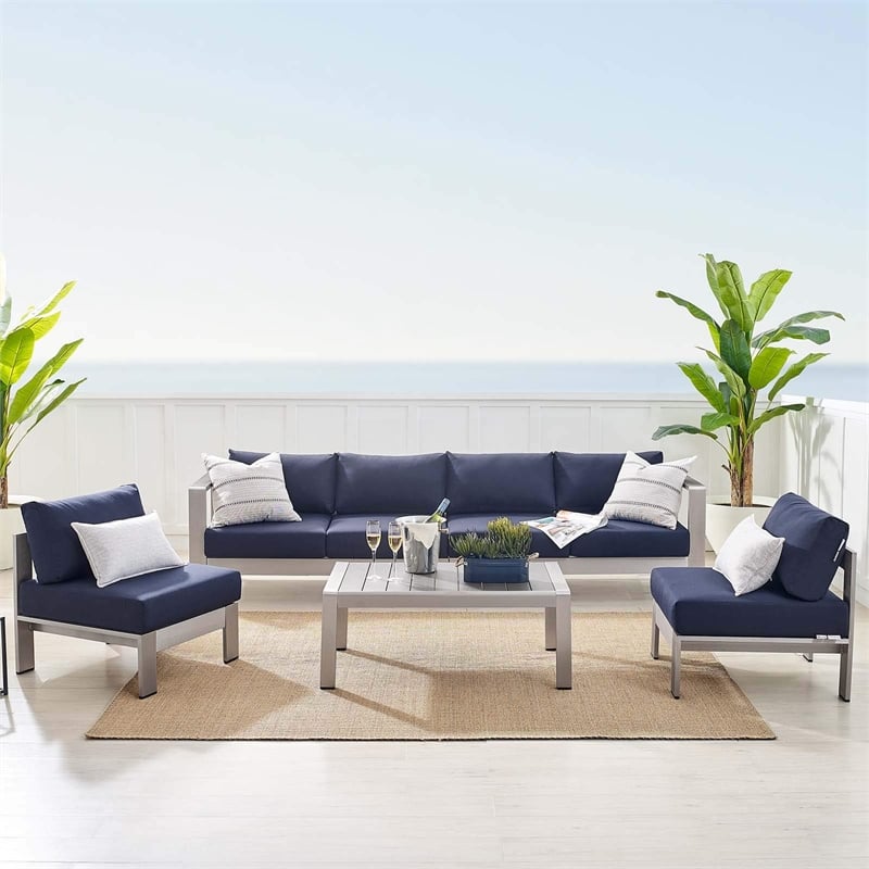 Modway Shore 5-Piece Fabric & Aluminum Outdoor Patio Sofa Set in Silver/Navy