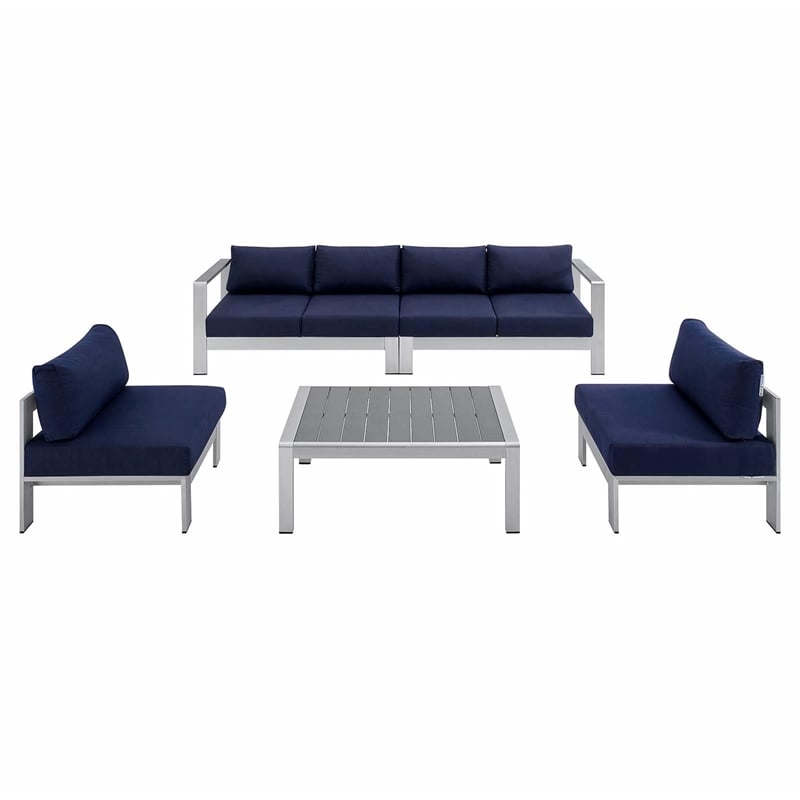 Modway Shore 5-Piece Fabric & Aluminum Outdoor Patio Sofa Set in Silver/Navy