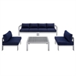 Modway Shore 5-Piece Fabric & Aluminum Outdoor Patio Sofa Set in Silver/Navy