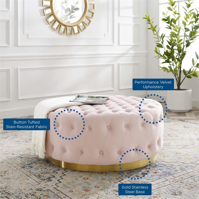 Modway Ensconce Tufted Performance Velvet Fabric Round Ottoman in Pink