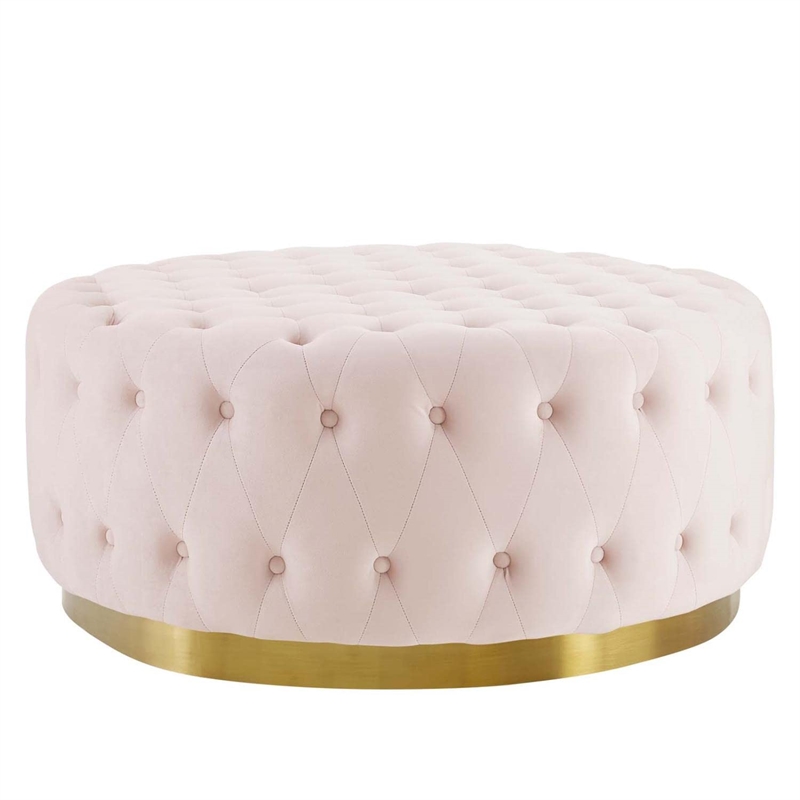 Modway Ensconce Tufted Performance Velvet Fabric Round Ottoman in Pink
