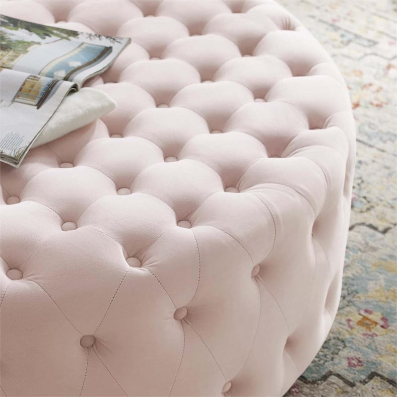 Modway Ensconce Tufted Performance Velvet Fabric Round Ottoman in Pink