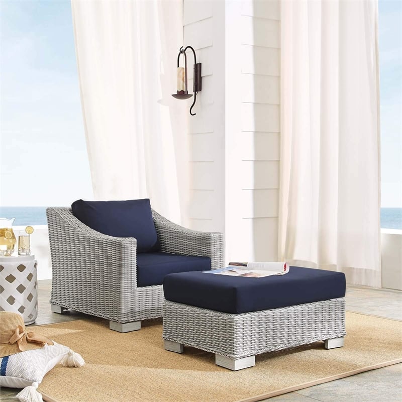 Modway Conway 2-Piece Fabric/Rattan Patio Armchair & Ottoman Set in Gray/Navy