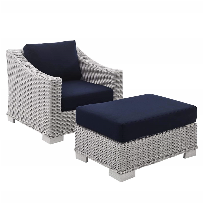 Modway Conway 2-Piece Fabric/Rattan Patio Armchair & Ottoman Set in Gray/Navy