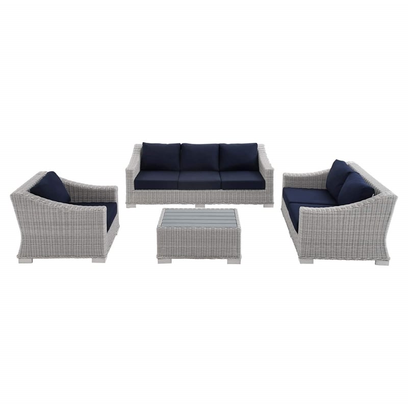 Modway Conway 4-Piece Patio Aluminum/Rattan Furniture Set in Light Gray/Navy