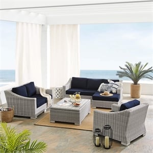 Modway Conway 5-Piece Patio Aluminum/Rattan Furniture Set in Light Gray/Navy