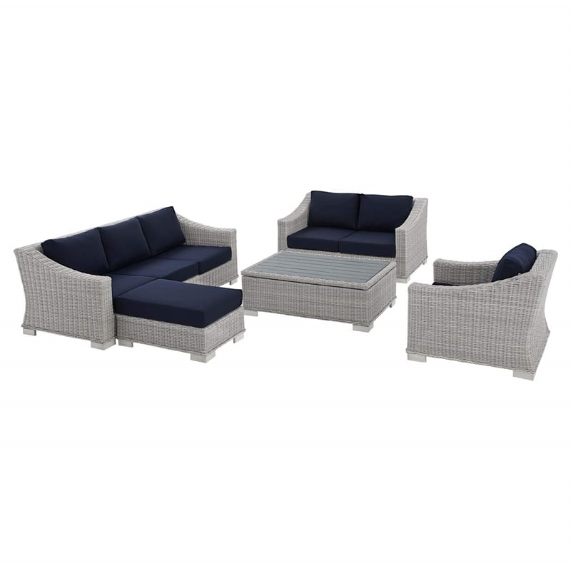 Modway Conway 5-Piece Patio Aluminum/Rattan Furniture Set in Light Gray/Navy