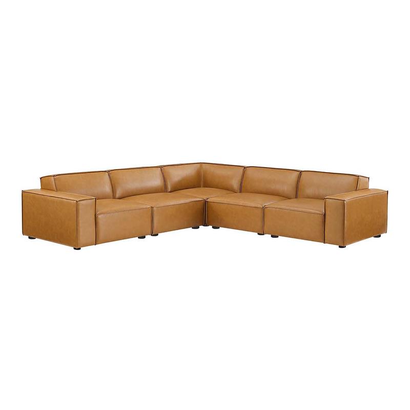 Modway Restore 5-Piece Faux Leather Upholstered Sectional Sofa in Tan