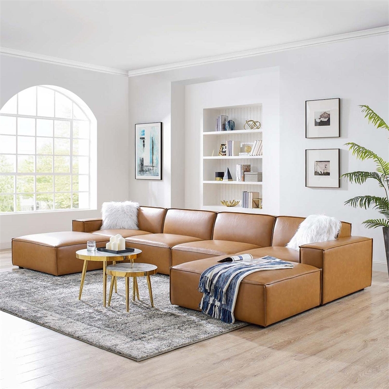 Modway Restore 6-Piece Faux Leather Sectional Sofa in Tan Finish