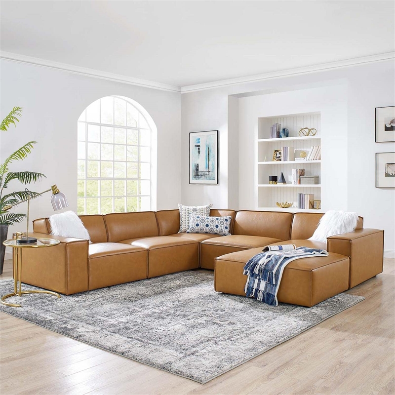 Modway Restore 6-Piece Faux Leather Upholstered Sectional Sofa in Tan